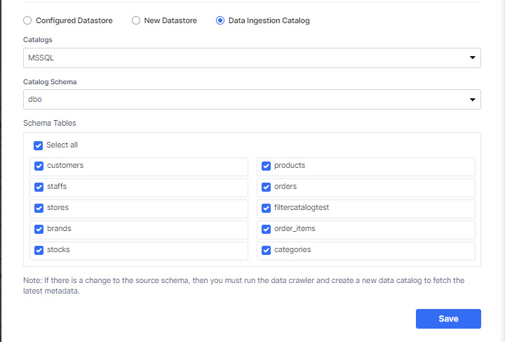 Configure datastore for data ingestion catalog